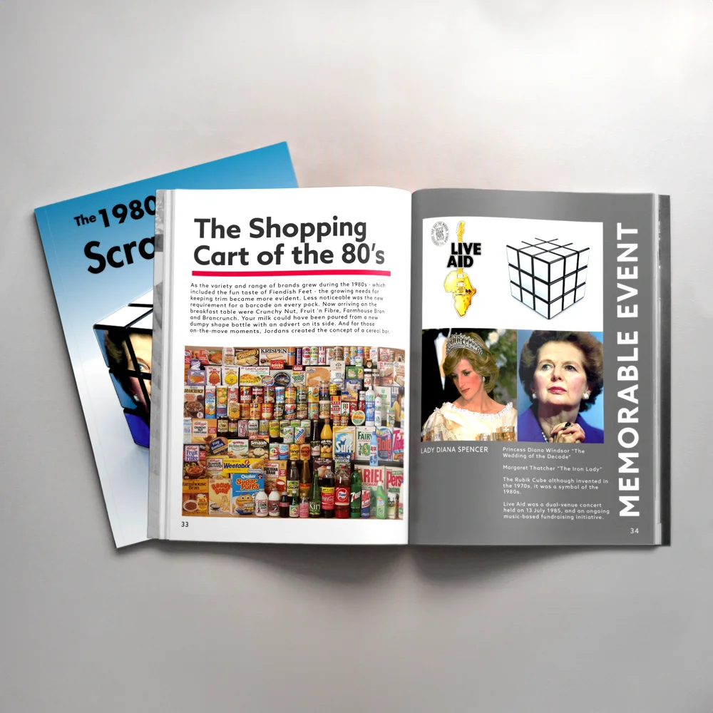 Two open magazines are displayed. The left highlights "The Shopping Cart of the 80's" with a collage of 80s products, reminiscent of an '80s scrapbook. The right showcases a "Memorable Event" featuring Live Aid references and an image of two women with a Rubik's Cube.