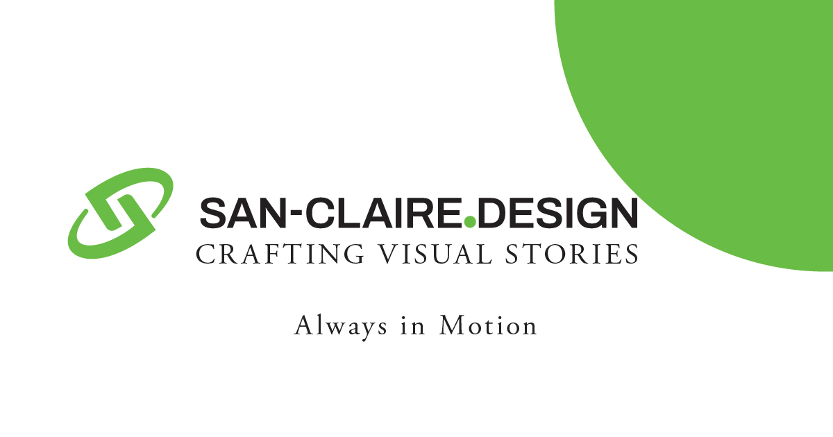 San-Claire Design Opengraph-100 Logo of San-Claire.Design featuring a green and white color scheme, an abstract design, and the tagline "Crafting Visual Stories." Below it reads "Always in Motion.