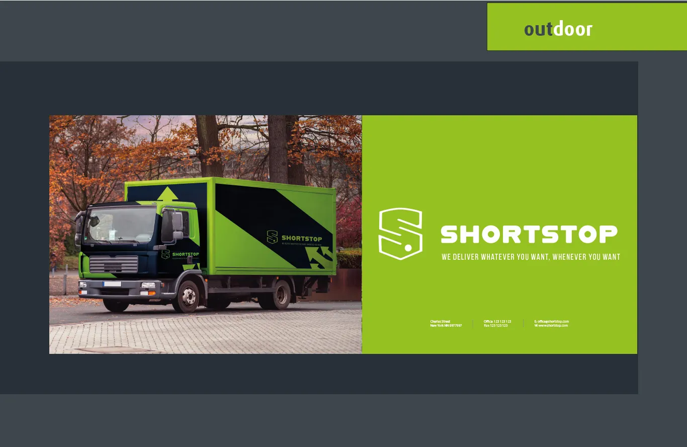 Brand-Design-Concept-Shortstop-Outdoor An advertisement for Shortstop is shown. On the left, a green and black Shortstop delivery truck is parked outdoors. On the right, the Shortstop logo and tagline, "We deliver whatever you want, wherever you want," are displayed with a green background.