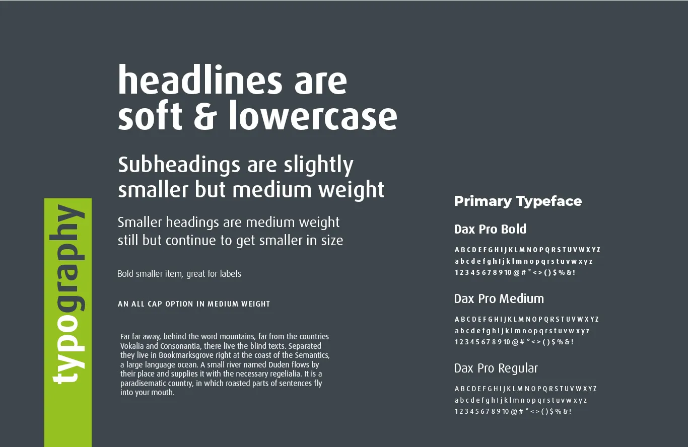 Brand-Design-Concept-Shortstop-Typography A typography guide showing four levels of headings: all lowercase, with varying weights from bold to regular. Primary typeface is Dax Pro. The shortstop left sidebar is green with "typography" in vertical white text. The background is dark grey.