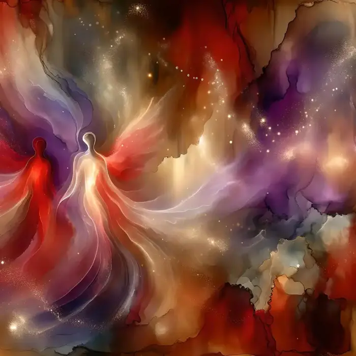 Graphic Designer - An abstract painting features two human-like silhouettes composed of swirling, fluid colors. Bold reds and deep purples blend with bright whites and soft pastels, creating a dynamic and ethereal scene reminiscent of a dreamlike London nightscape.