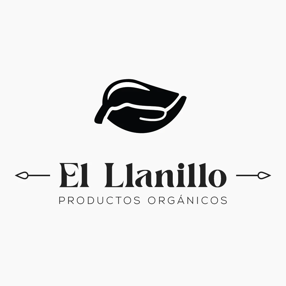 Logo design for "El Llanillo Productos Orgánicos" features a stylized leaf icon above the text, reflecting its roots in El Llanillo Organic Farm. The text is framed by simple line designs with arrow-like ends against a light gray background.