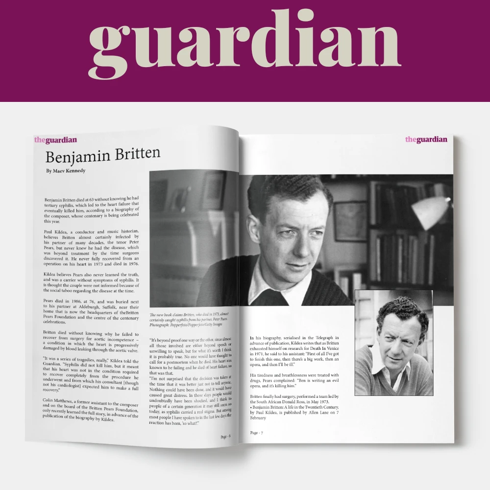An open magazine spread from The Guardian features an article about Benjamin Britten. The layout includes the left page with text discussing Britten's work and life, while the right page showcases a black-and-white photo of Britten and a smaller image of him composing.
