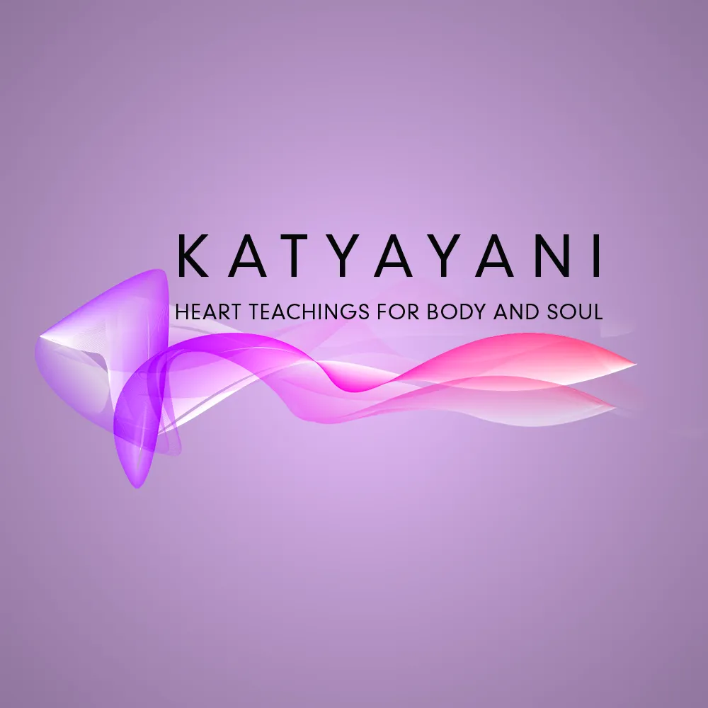 A logo with the text "KATYAYANI" followed by "Heart Teachings for Body and Soul" in smaller print. The design features a purple and pink abstract wave on a light purple background, seamlessly embodying the essence of Katyayani's wisdom.