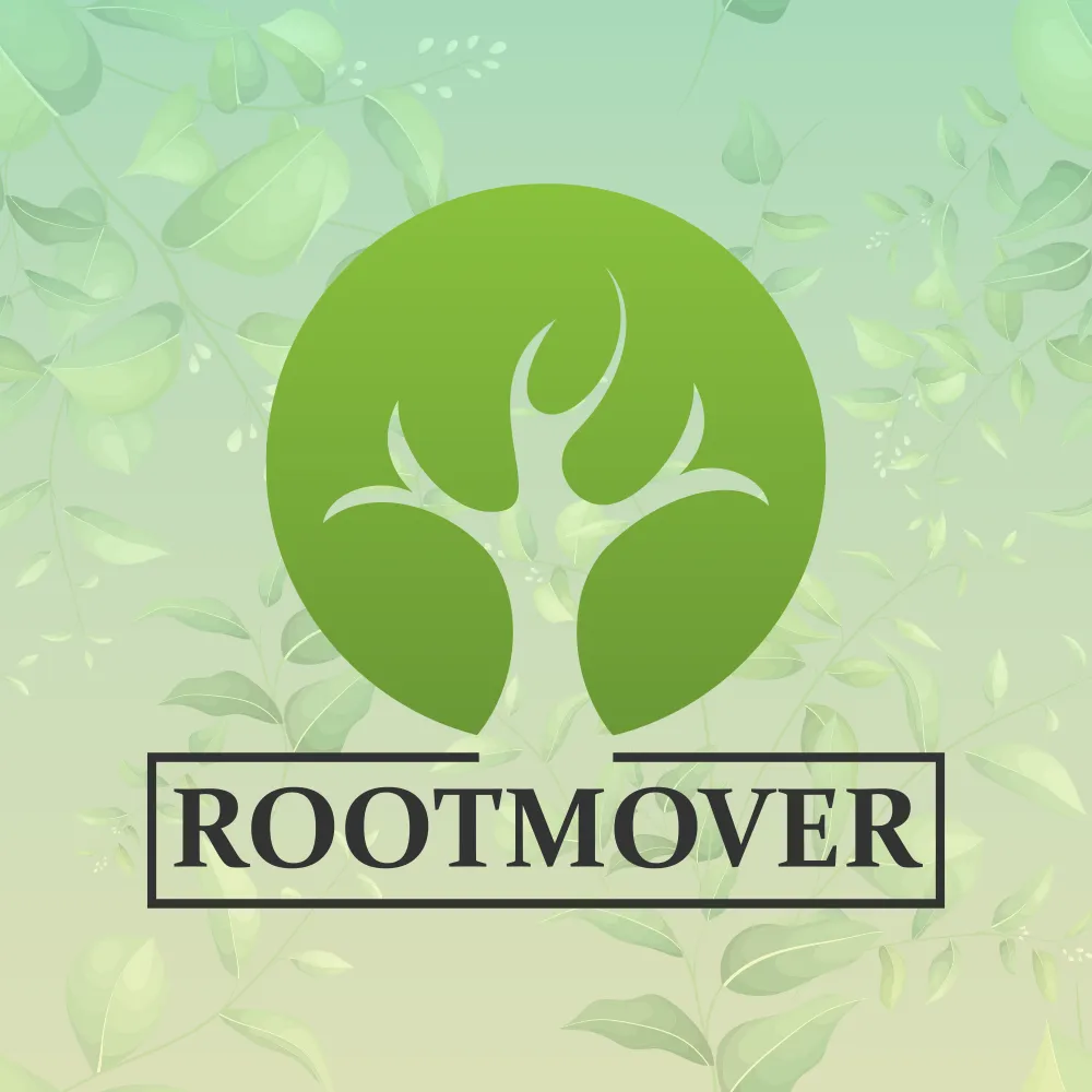 A green circular logo features a simplified graphic of roots growing upwards. The word "ROOTMOVER" is prominently displayed below the logo in bold, uppercase letters within a rectangular frame. The background presents a subtle pattern of leaves in varying shades of green, enhancing the brand's natural essence.