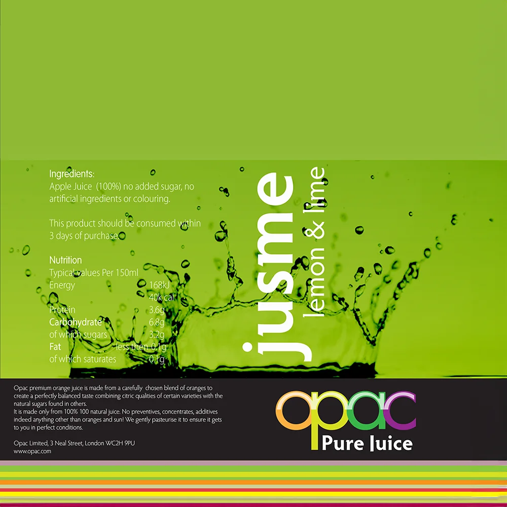 Product packaging design for "jusme Lemon & Lime" apple juice. The background is green with a splash of juice in the center. The text details ingredients, nutrition information, consumption advice, and company details, with branding at the bottom.