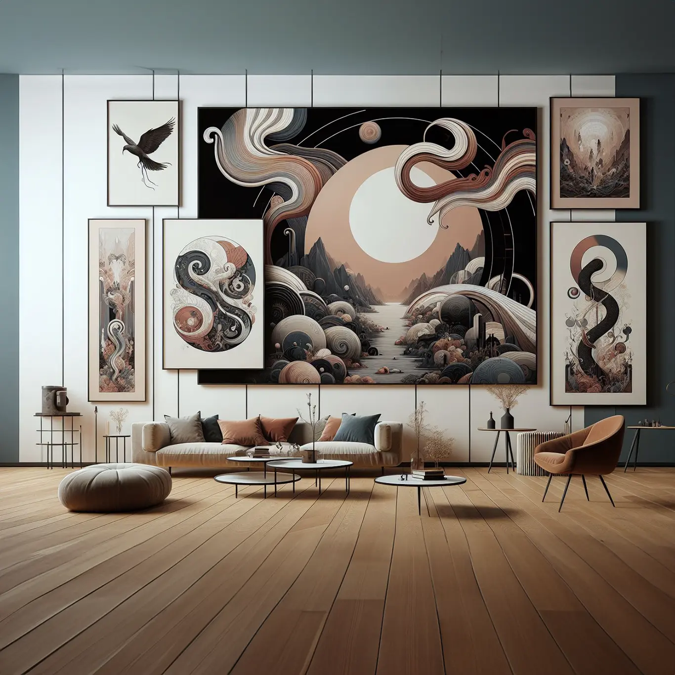 A modern living room with wooden flooring features abstract art on a large wall. The art includes circular, wave-like, and landscape designs in muted tones. The space has contemporary furniture, including a sofa, chairs, a round coffee table, and ottomans. A modern living room with wooden flooring features abstract art on a large wall. The art includes circular, wave-like, and landscape designs in muted tones. The space has contemporary furniture, including a sofa, chairs, a round coffee table, and ottomans.