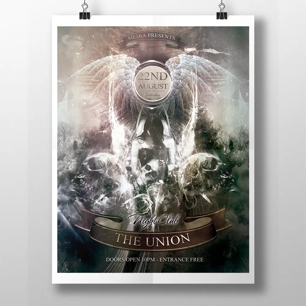 A surreal poster design featuring a winged figure with abstract imagery in the background. Text reads: "Media Presents, 22nd August, Exclusive, Night Club The Union, Doors Open 10 PM - Entrance Free." The poster is hung by two clips against a white wall.