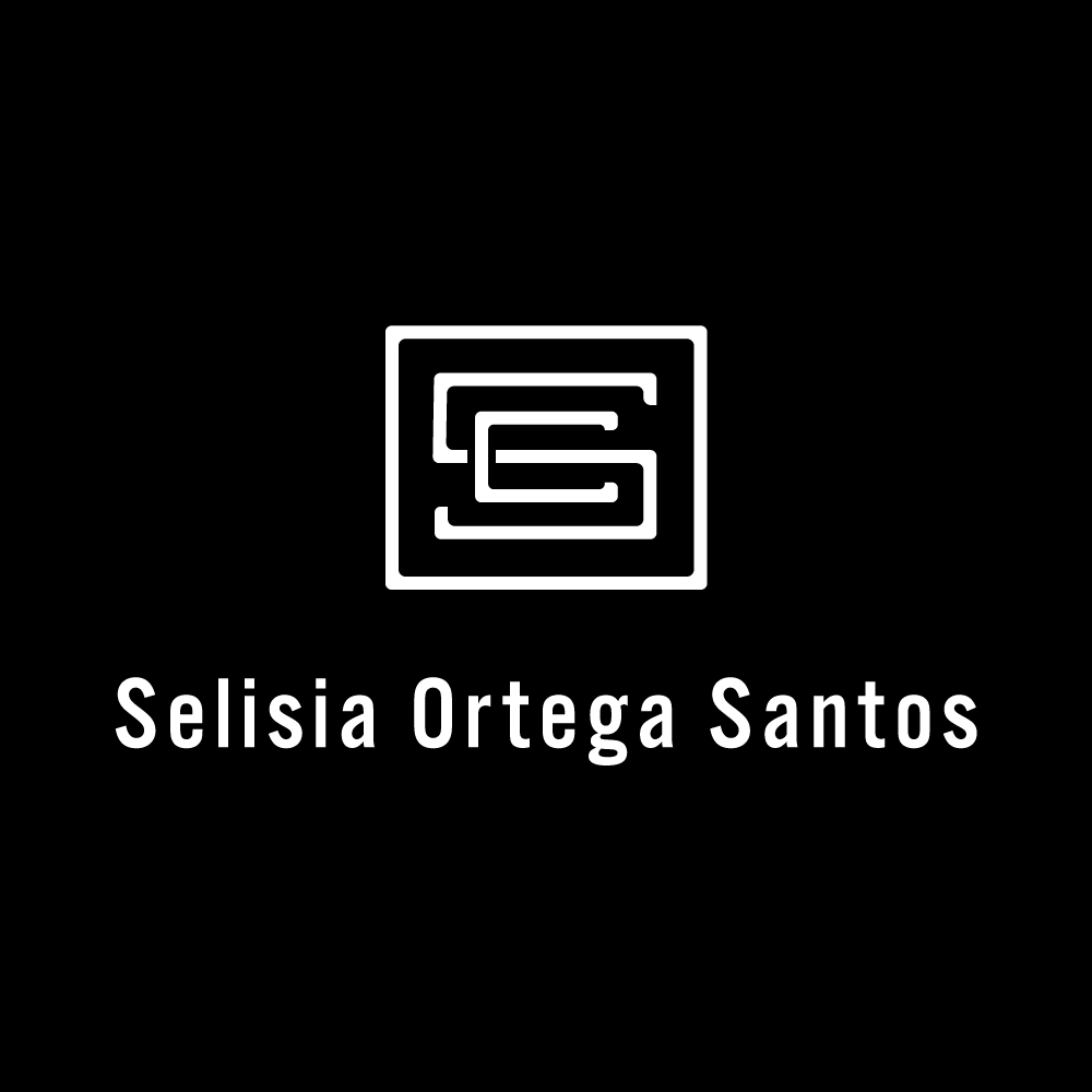 A black background showcases a white logo featuring an abstract design with the letters "S" and "O" nested together in a square frame. Below this elegant symbol, the name "Selisia Ortega Santos" is prominently displayed in a clean, sans-serif font.